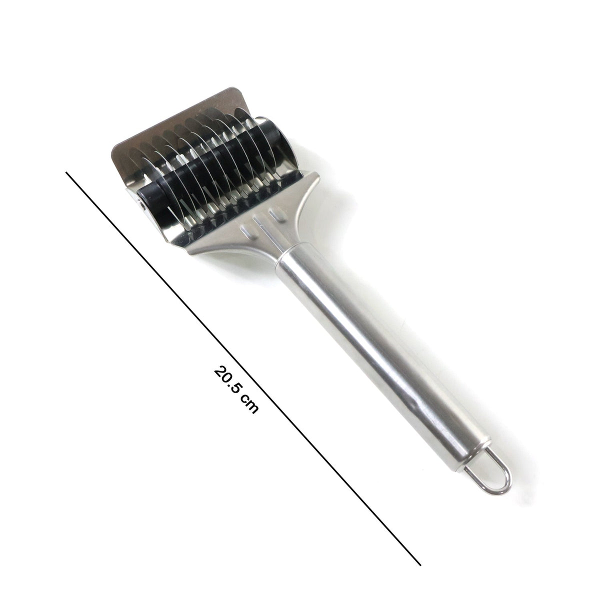 Side view of multi-blade dough cutter roller for kitchen use